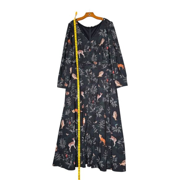 eShakti Navy Woodland Flora Fauna Floral Maxi Dress Long Sleeve Cute V Neck 2X - Picture 3 of 8